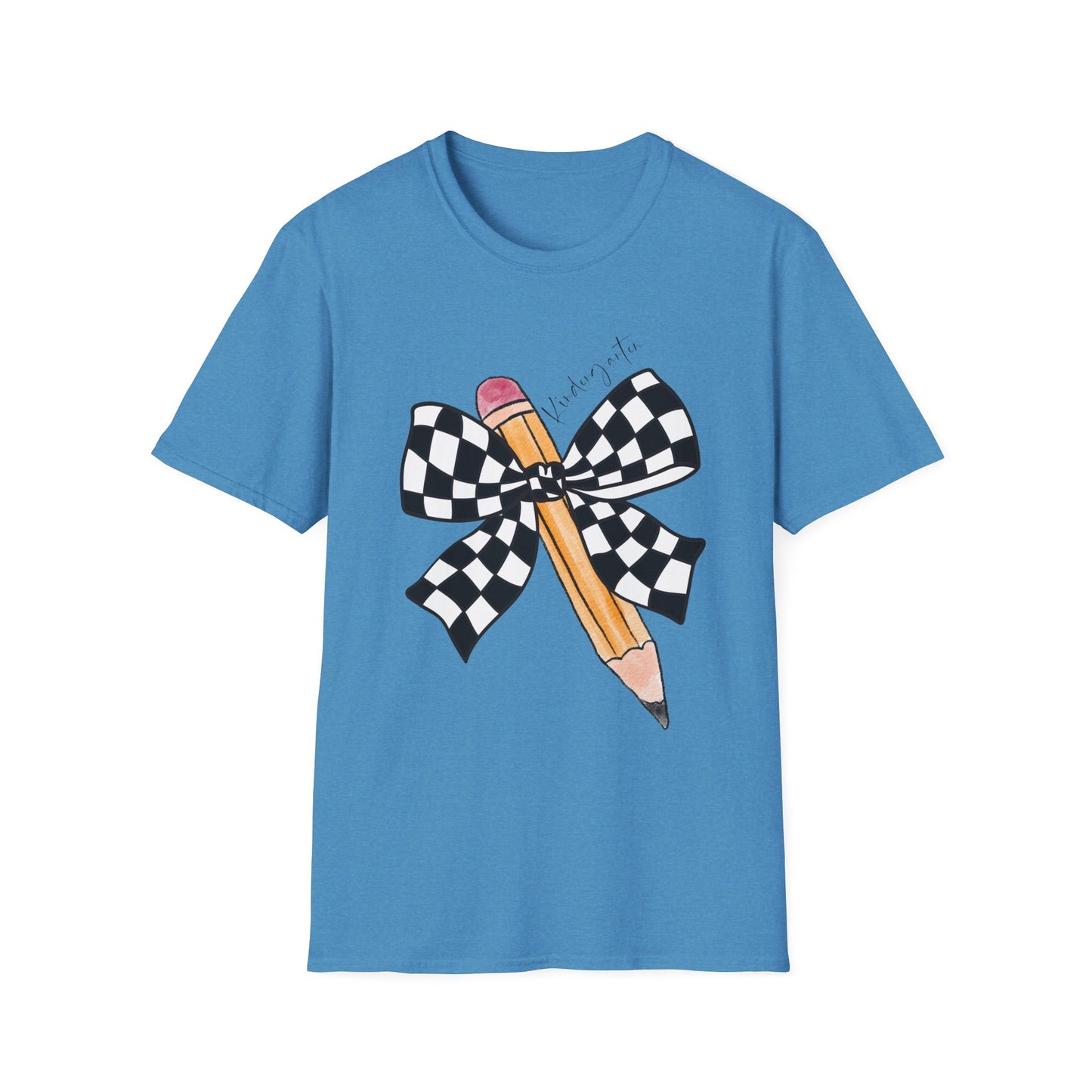 Kindergarten- Pencil & Checker Bow T‑Shirt — Teacher Collection