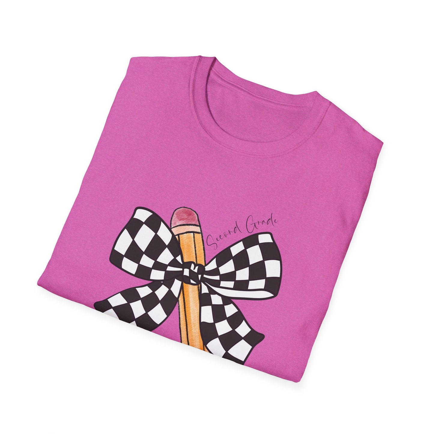 2nd Grade- Checkered Bow + Pencil- Teacher Tee- Softstyle Unisex Tee