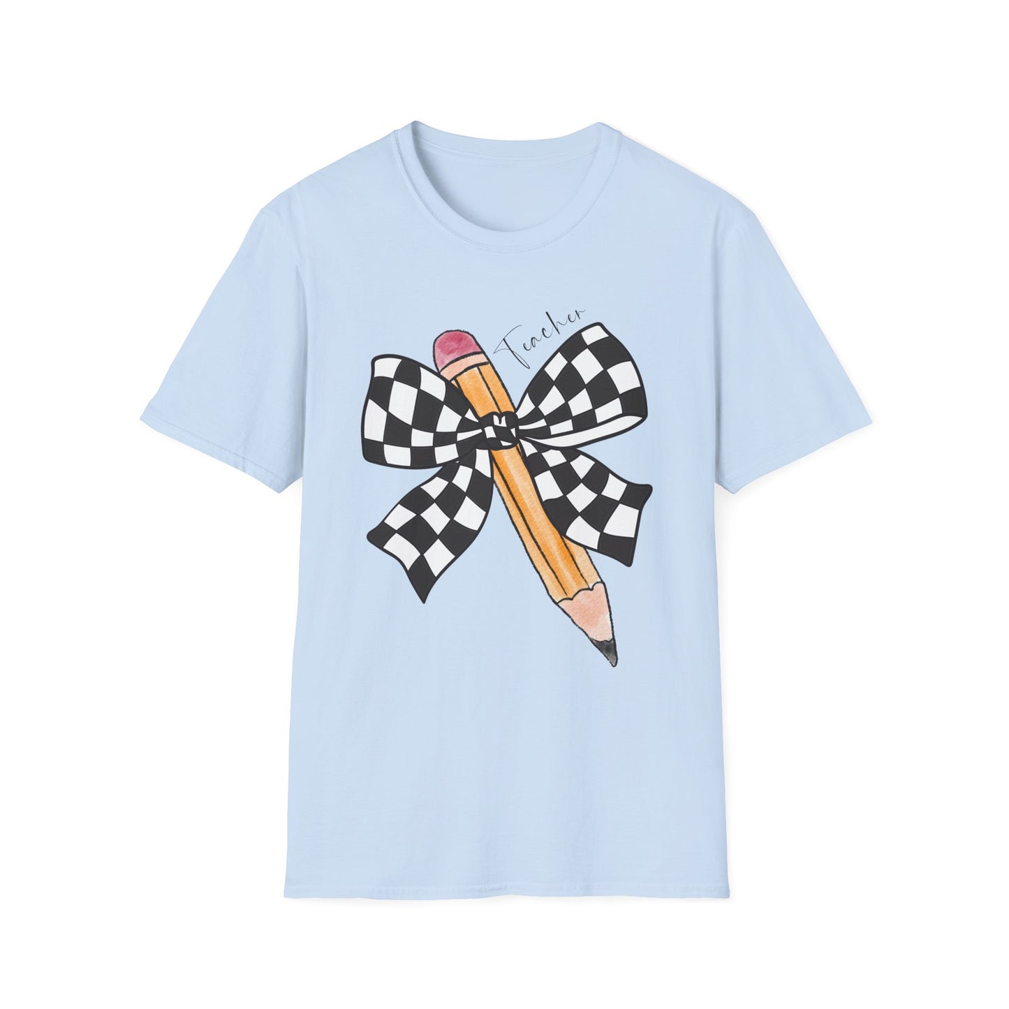Checkered Bow + Pencil- Teacher Tee- Softstyle Unisex Tee