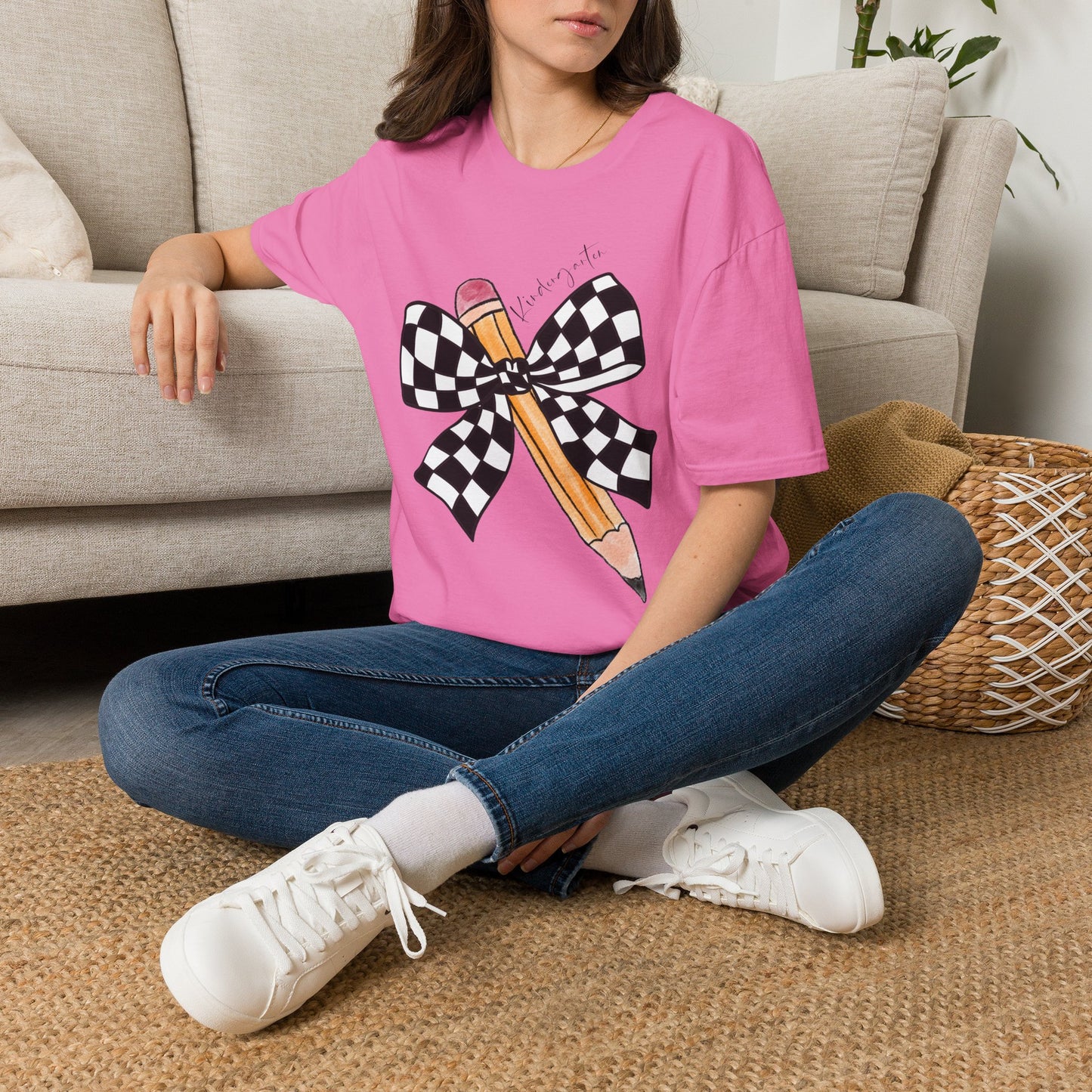 Kindergarten- Pencil & Checker Bow T‑Shirt — Teacher Collection