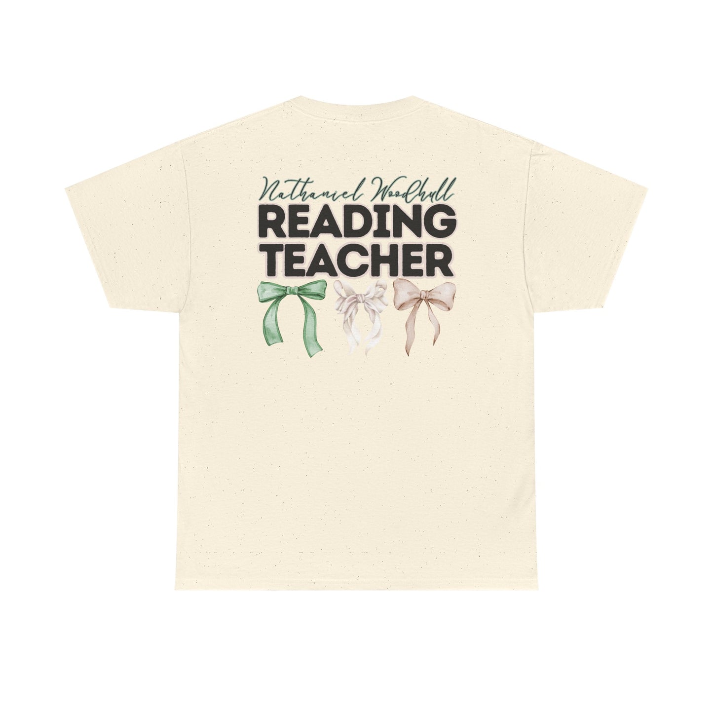 Woodhull Reading Teacher and Bows- Unisex Heavy Cotton Tee with Bow Design