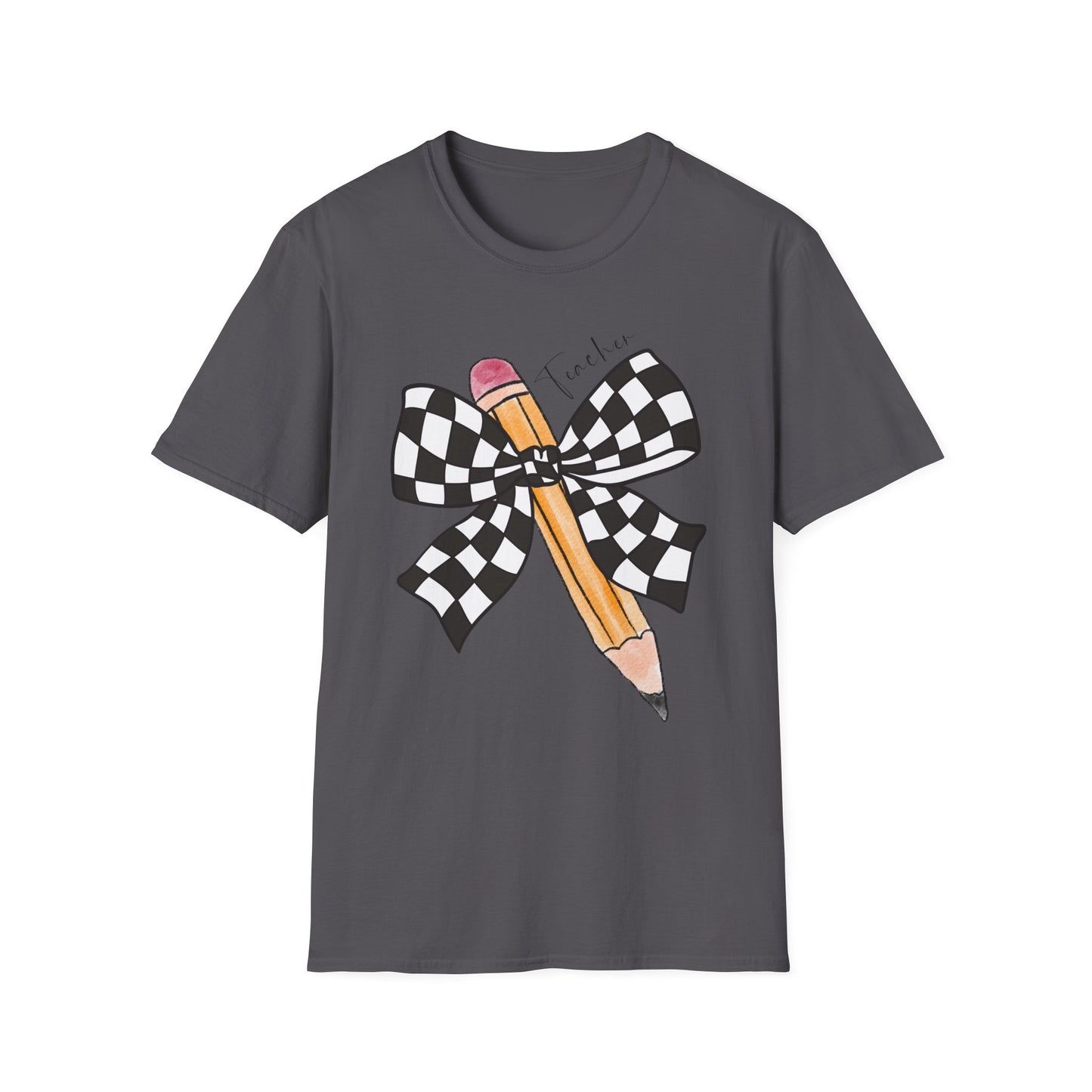 Checkered Bow + Pencil- Teacher Tee- Softstyle Unisex Tee