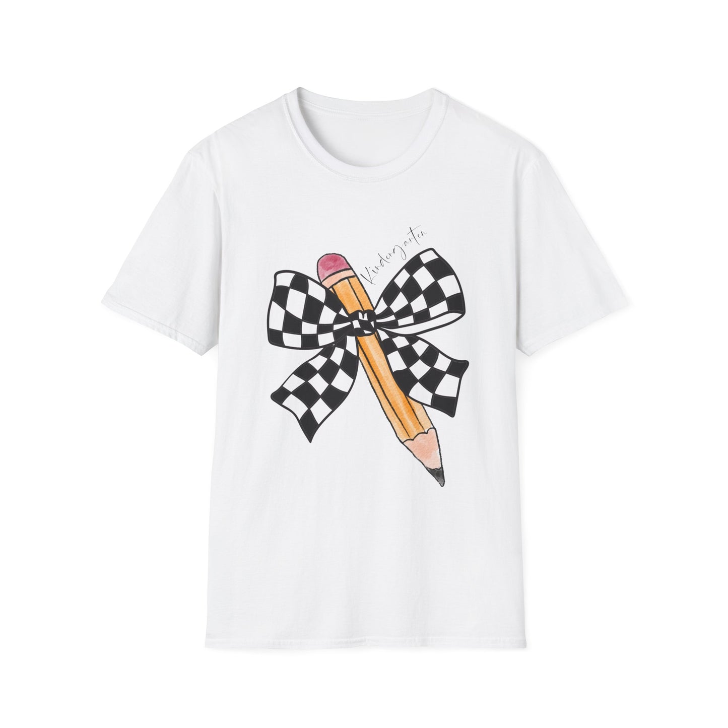 Kindergarten-Checkered Bow + Pencil- Teacher Tee- Softstyle Unisex Tee