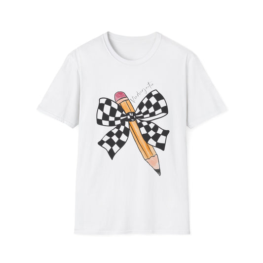 Kindergarten-Checkered Bow + Pencil- Teacher Tee- Softstyle Unisex Tee