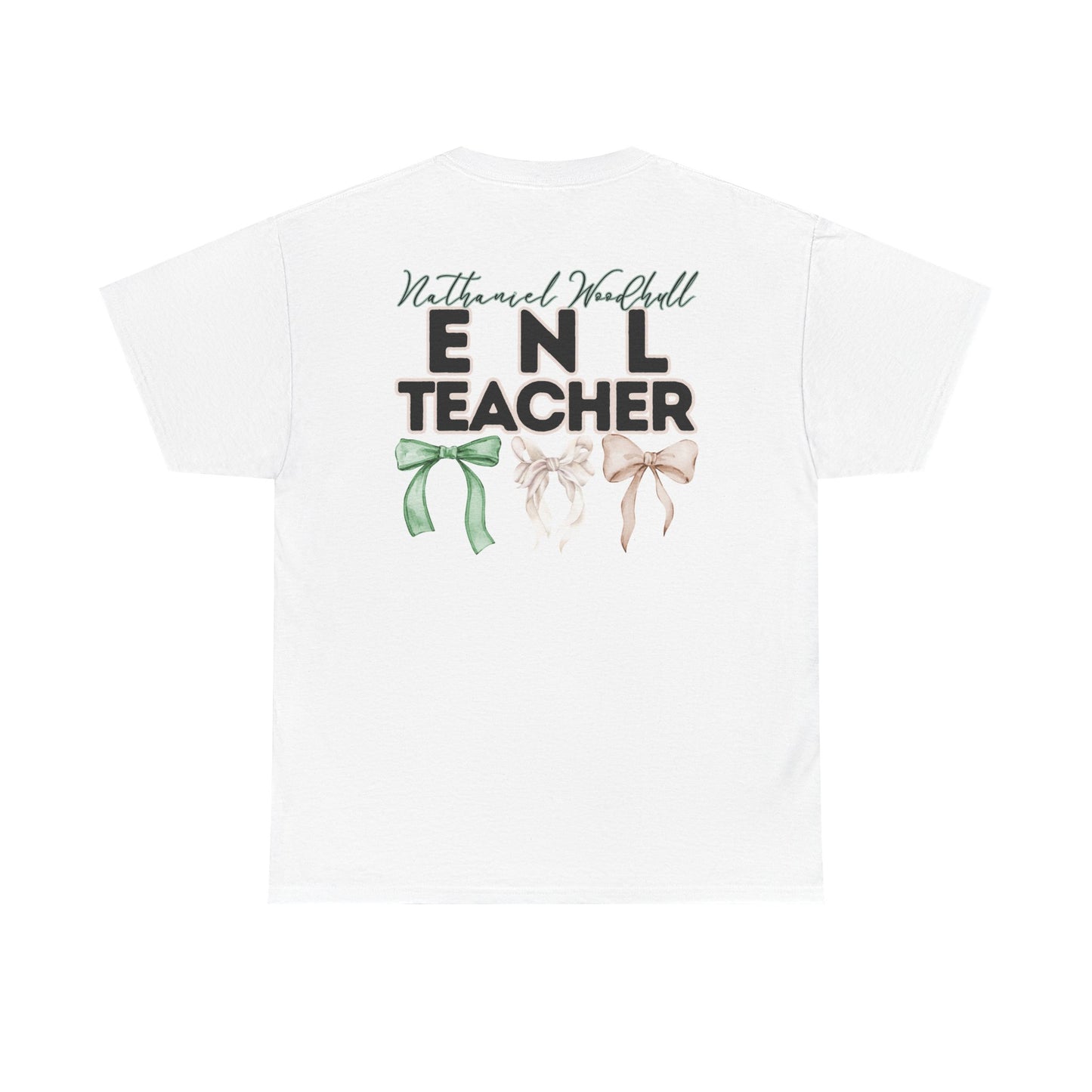 Woodhull ENL Teacher and Bows- Unisex Heavy Cotton Tee with Bow Design