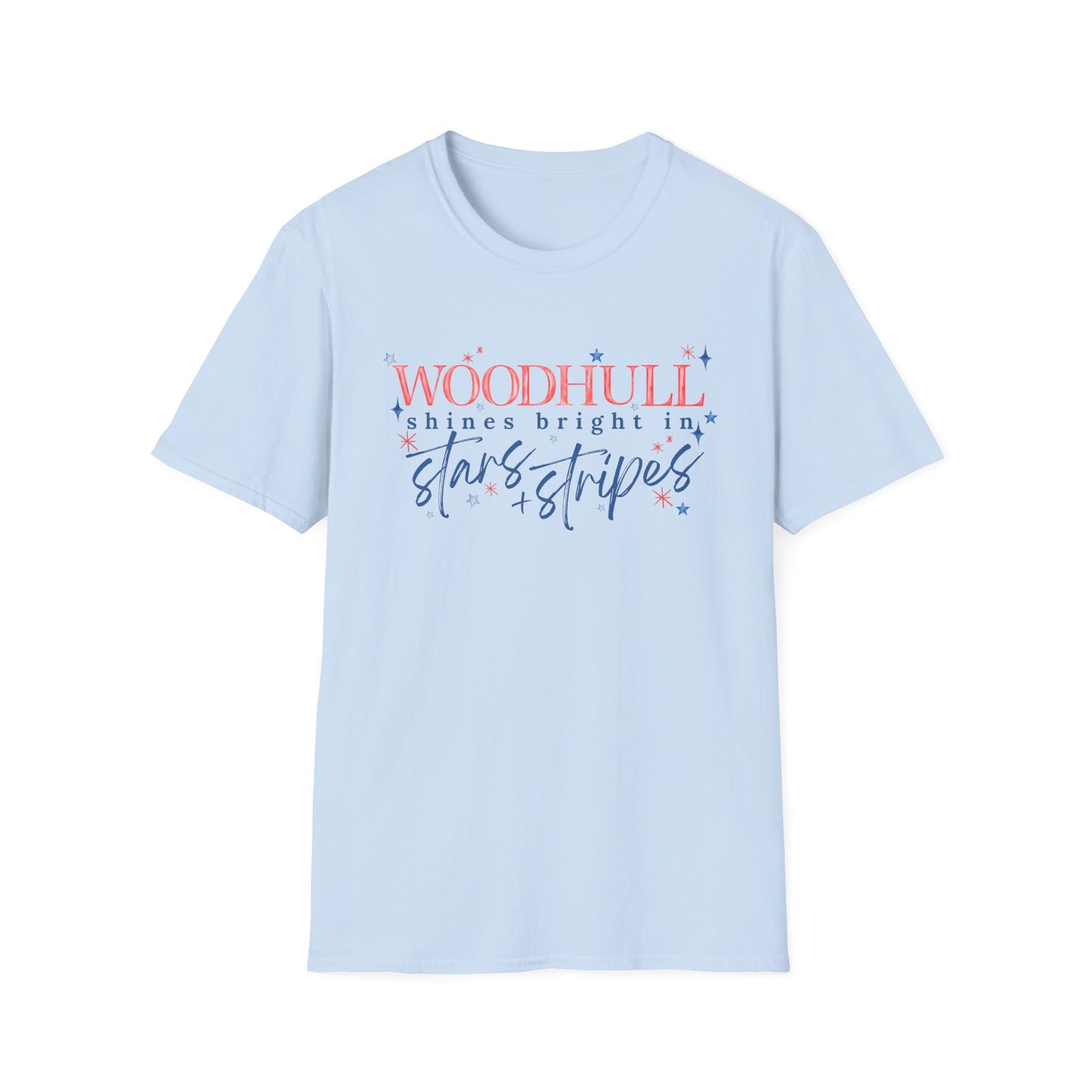 Flag Day Unisex Softstyle T-Shirt with Woodhull Shines Bright in Stars + Stripes Design- Holiday