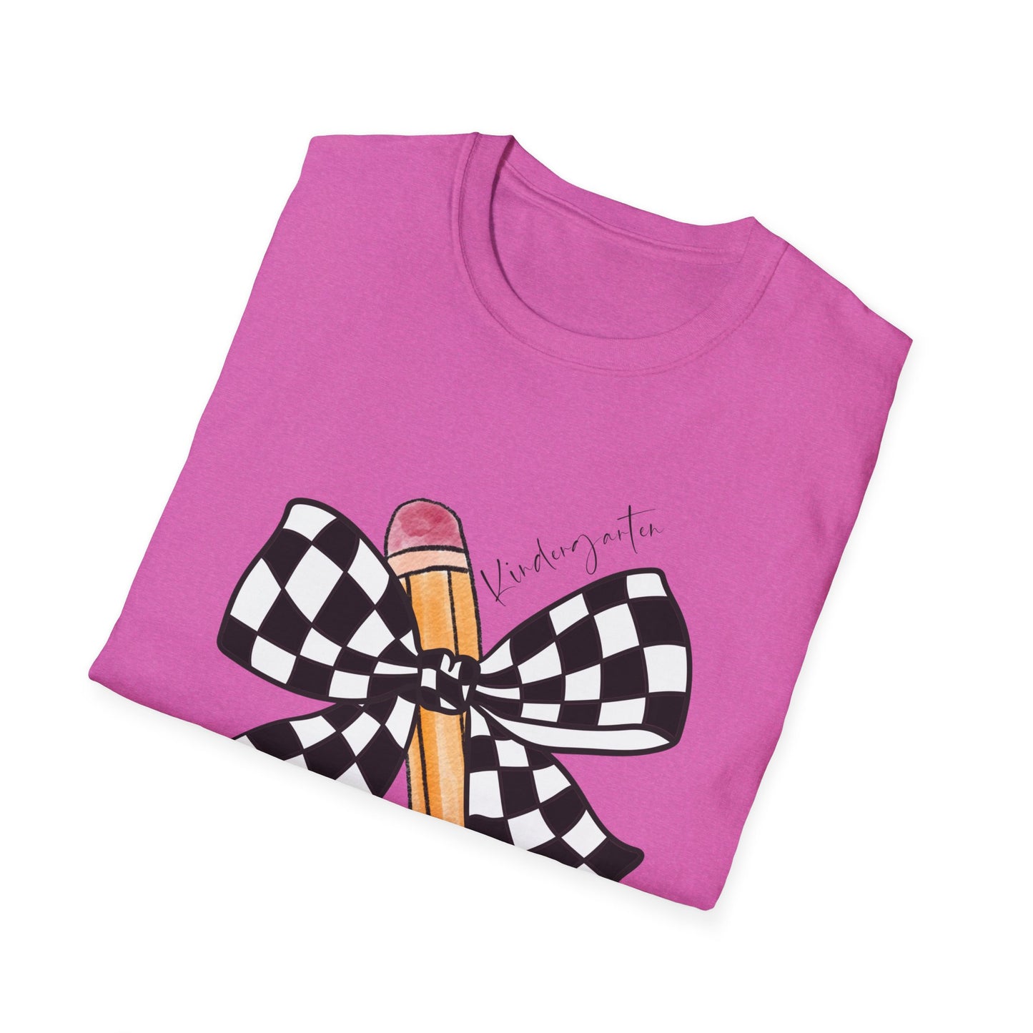 Kindergarten-Checkered Bow + Pencil- Teacher Tee- Softstyle Unisex Tee