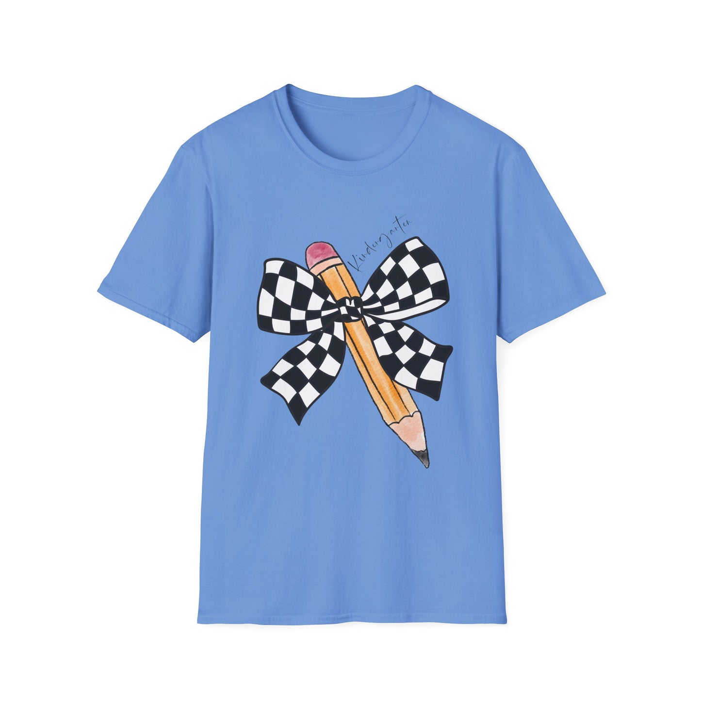 Kindergarten- Pencil & Checker Bow T‑Shirt — Teacher Collection