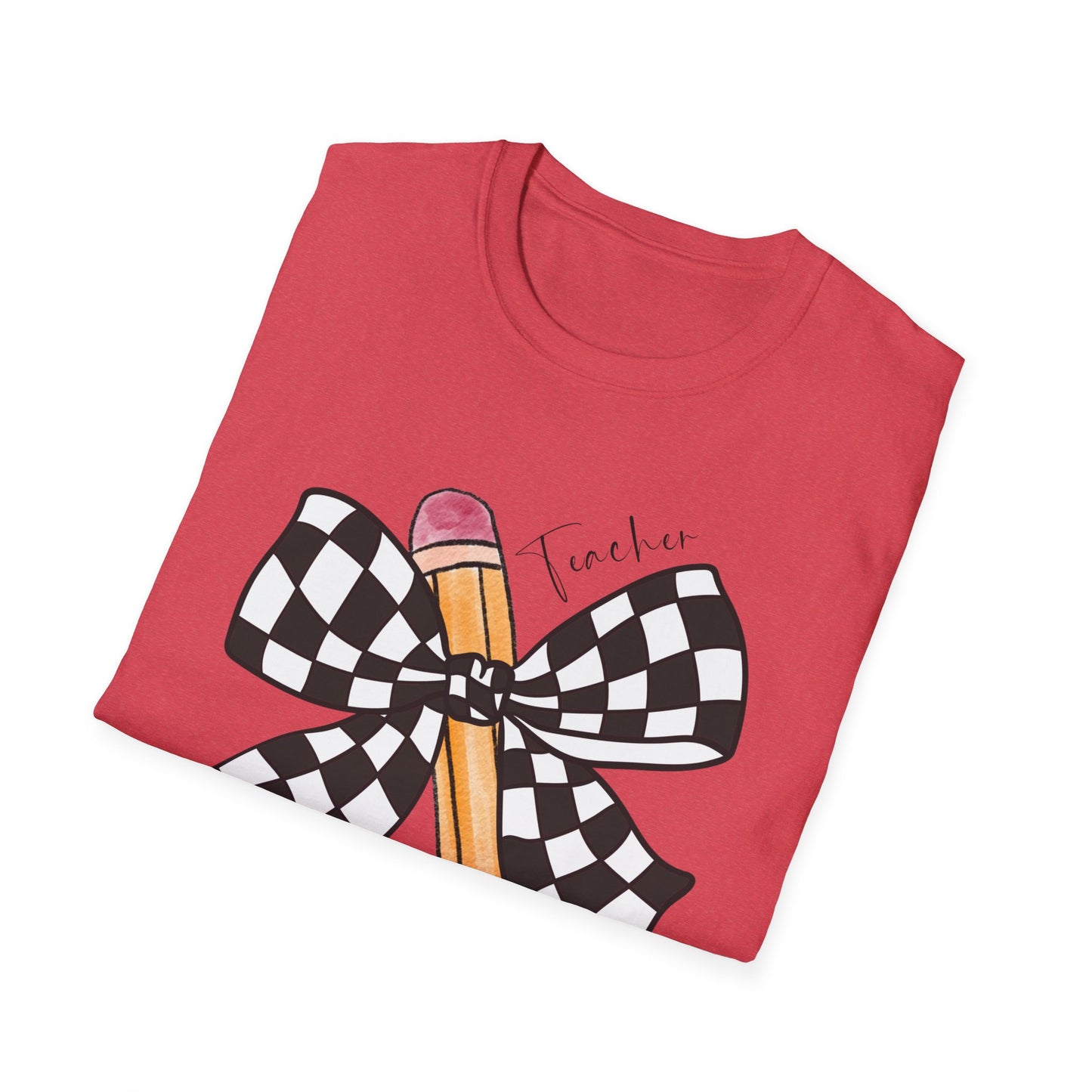 Checkered Bow + Pencil- Teacher Tee- Softstyle Unisex Tee