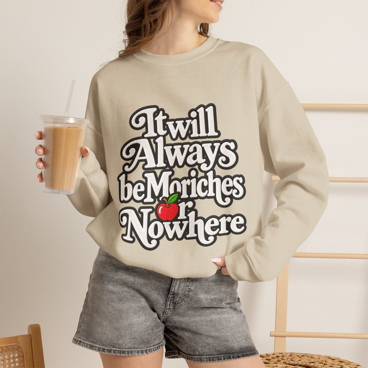 "Moriches or Nowhere" w/ apple- LARGE FRONT Crewneck Sweatshirt