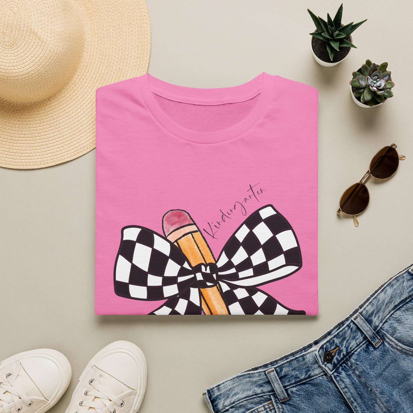 Kindergarten- Pencil & Checker Bow T‑Shirt — Teacher Collection
