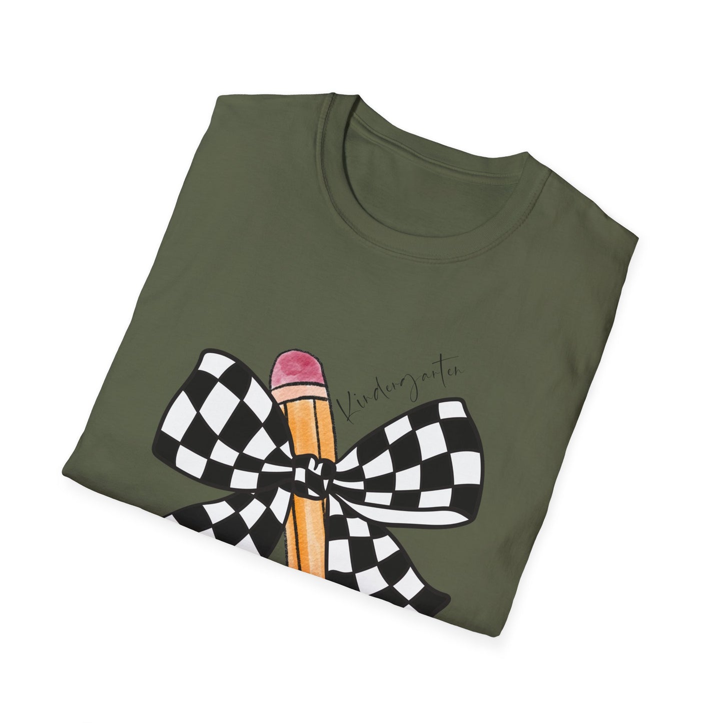 Kindergarten-Checkered Bow + Pencil- Teacher Tee- Softstyle Unisex Tee