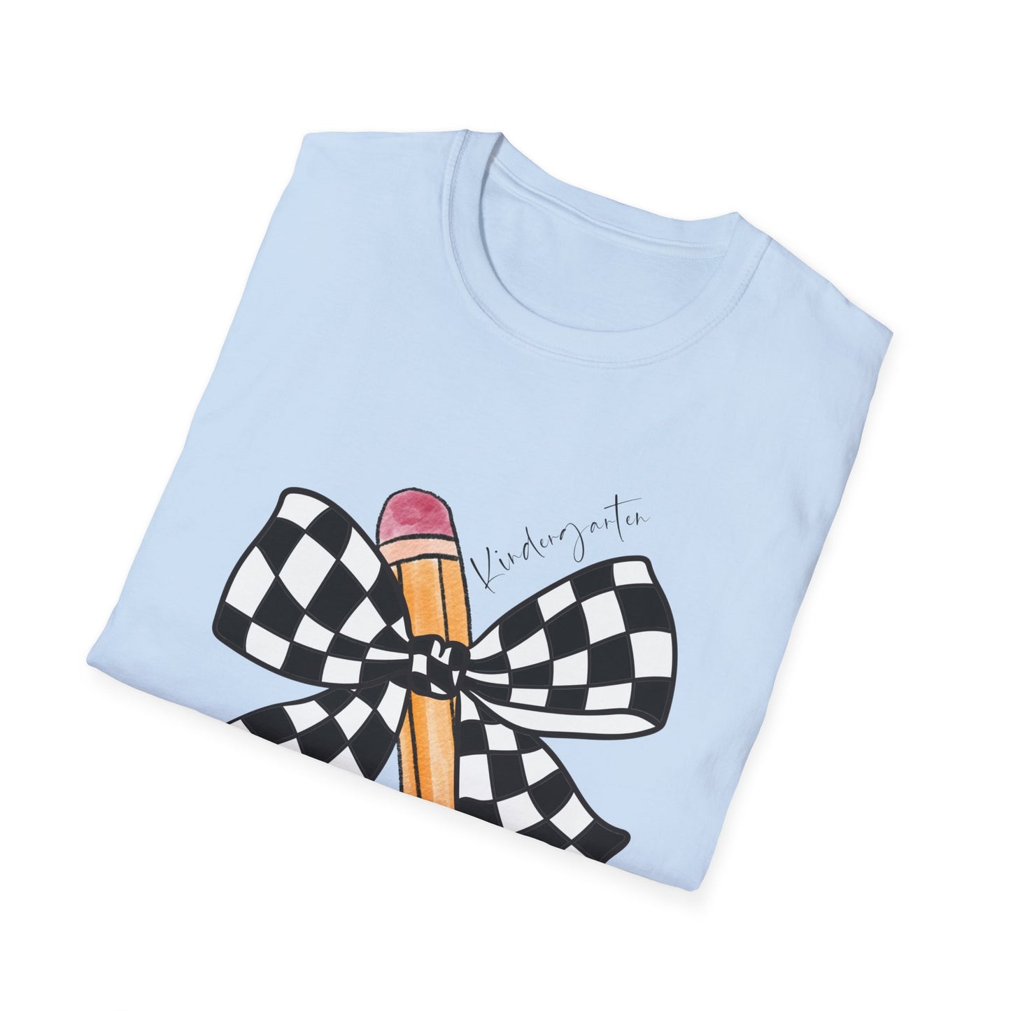 Kindergarten-Checkered Bow + Pencil- Teacher Tee- Softstyle Unisex Tee